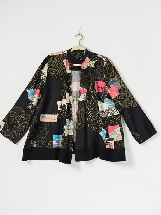 Citron Santa Monica Jackets & Blazers - Citron Black Asian Print Silk Linen  Blazer Open Front Banded Collar Womens 1X